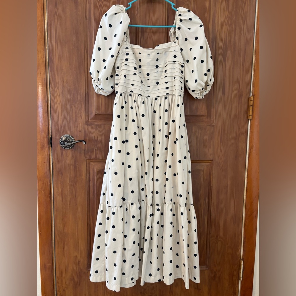 American Eagle Outfitters Cream Midi Dress with Black Polka Dots